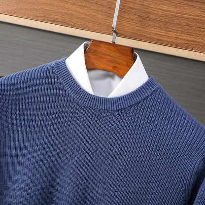 Men's crew-neck knit pullover ribbed solid-color long-sleeve