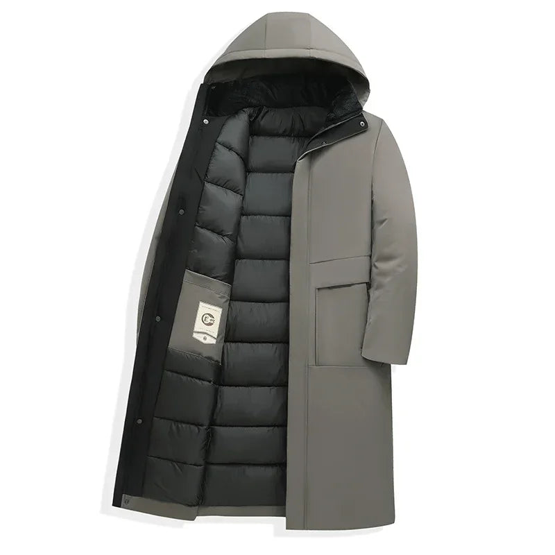 Long men's winter parka coat - Red with hood