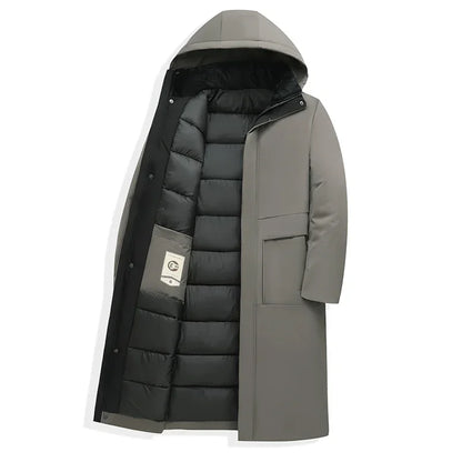 Long men's winter parka coat - Red with hood