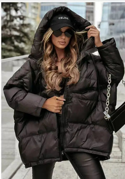 Damen Steppjacke mit Kapuze, Oversized Pufferjacke Schwarz