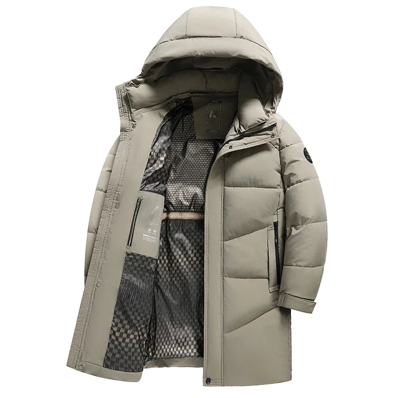 Men's long black quilted winter coat with hood