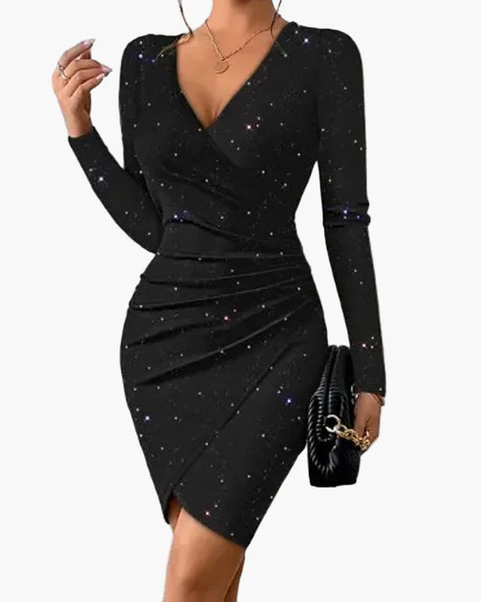 Damen Wickelkleid Elegante Partykleid mit Langarm und Galaxie-Print – Perfekt für Abendanlässe