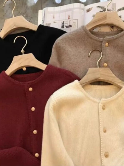 Women's Crew-Neck Long-Sleeved Knit Cardigan with Button Placket