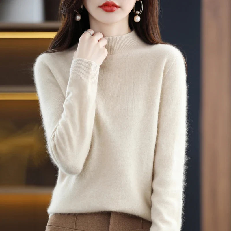 Women's sweater with stand-up collar, long-sleeved, fine-knit basic top