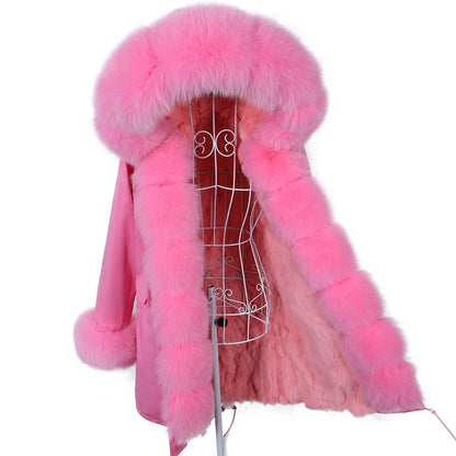 Women's winter parka with pink faux fur lining & hood