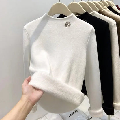 Women's turtleneck sweater with soft lining, warm long-sleeve shirt