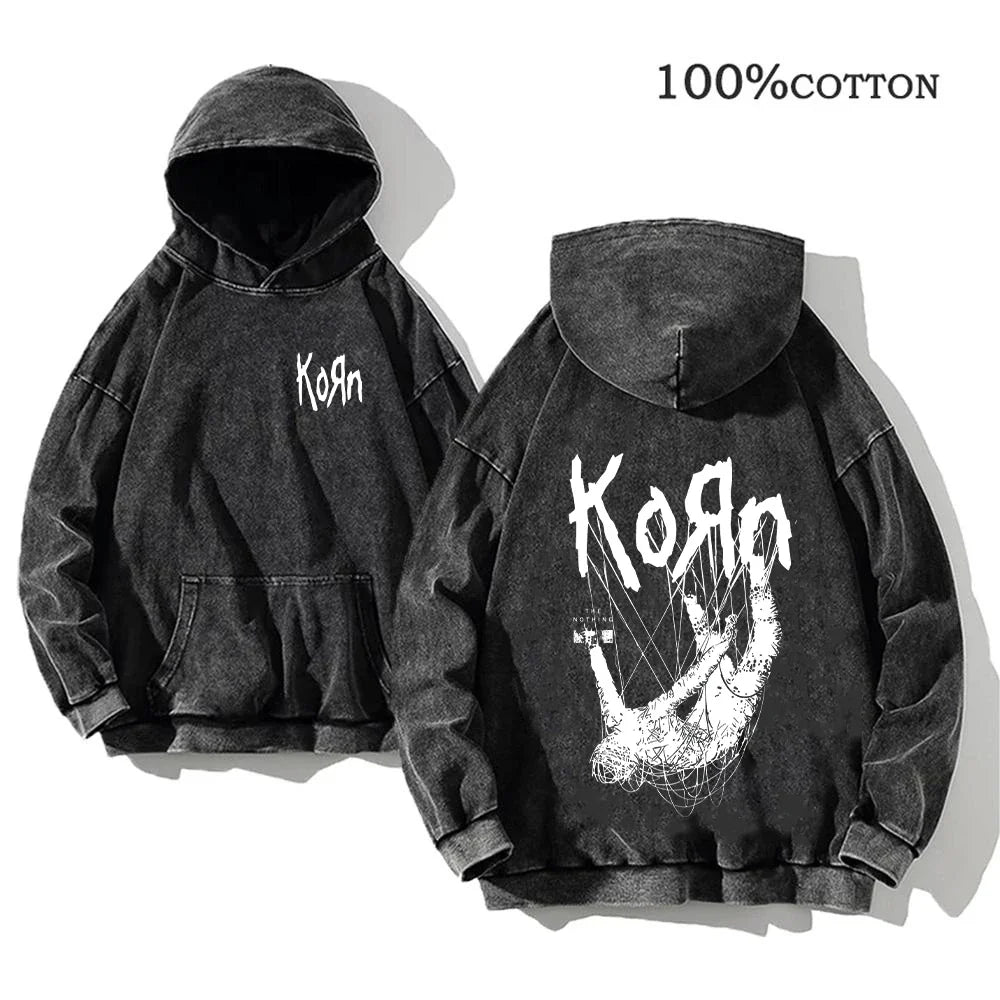Hoodie Schwarz Grau Washed Oversize mit Band-Print Vorn & Hinten