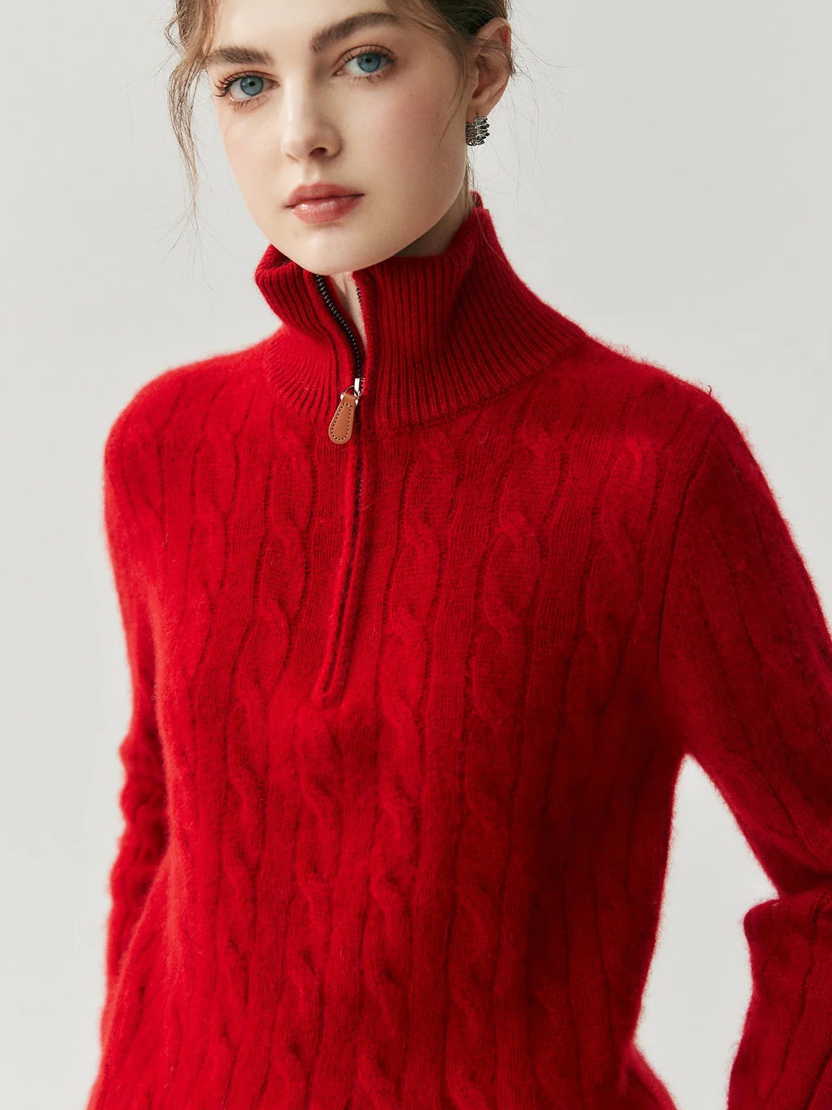 Women's cable-knit sweater with zipper, high collar, gray