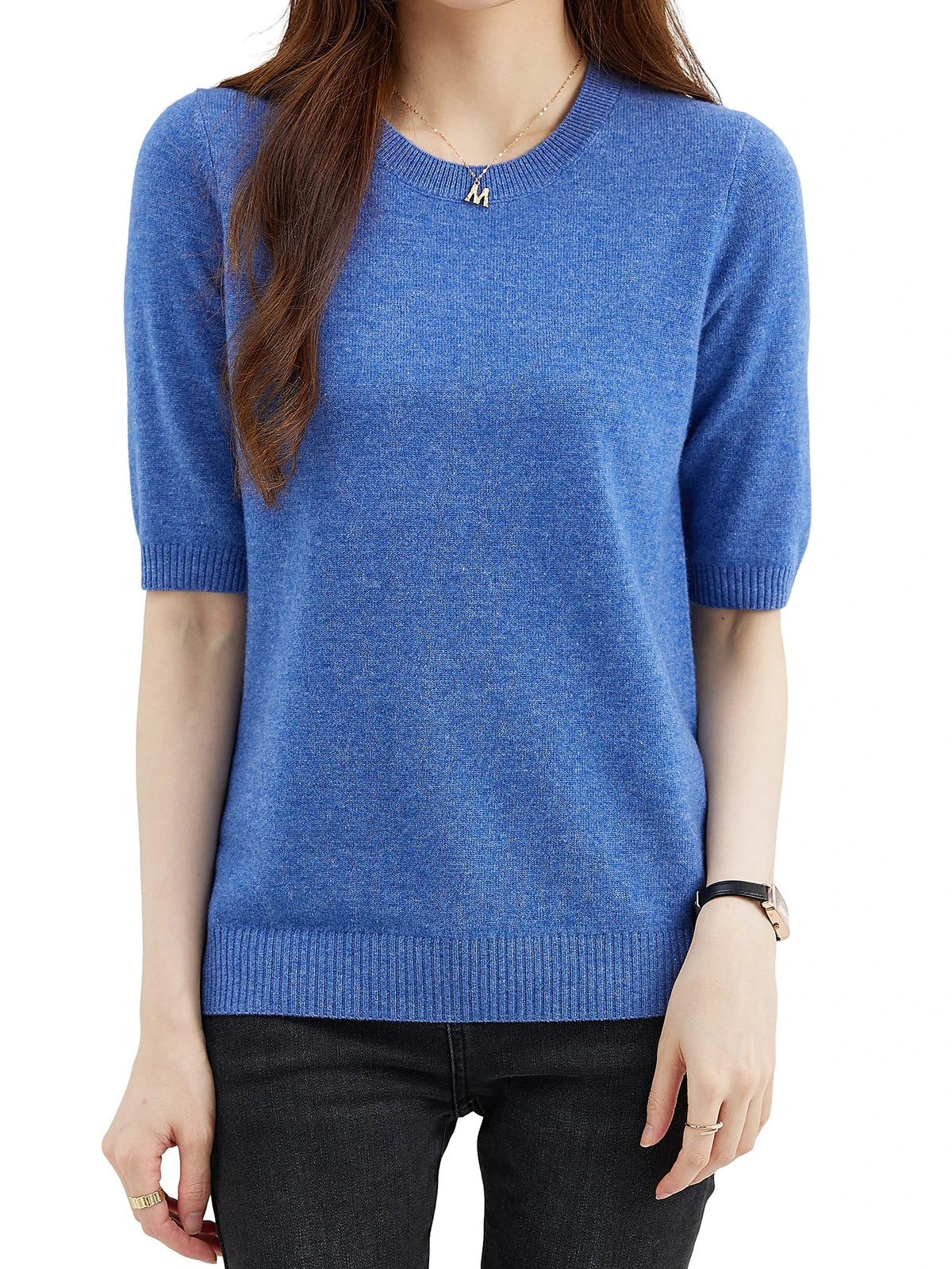 Women's short-sleeve knitted sweater, crew neck, ribbed hem