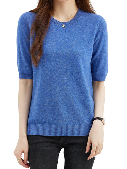 Women's short-sleeve knitted sweater, crew neck, ribbed hem