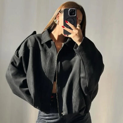 Loose-fit bomber jacket with collar and shoulder straps