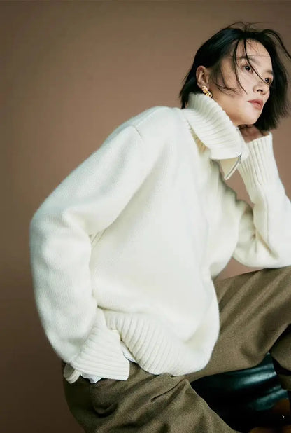 Turtleneck knit sweater with zipper, chunky ribbed