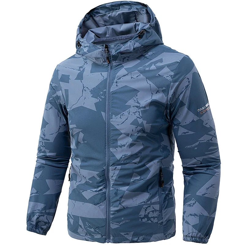 Men's hooded windbreaker jacket, lightweight outer material, camouflage pattern