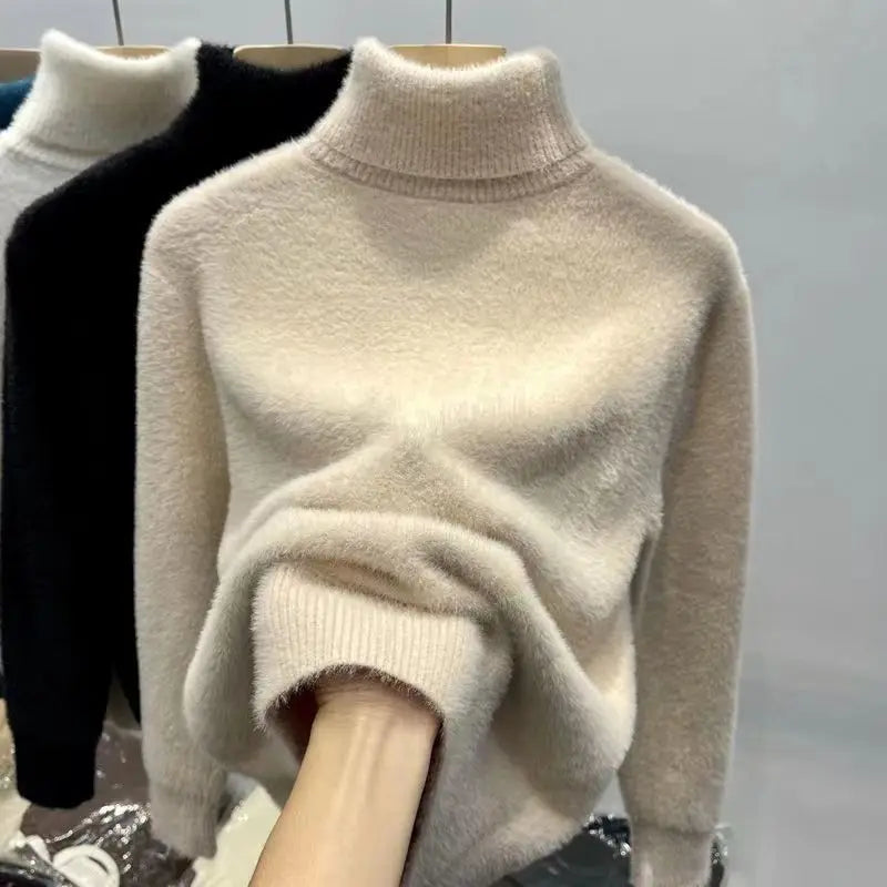 Soft women's turtleneck sweater long sleeves knitted sweater fuzzy sweater