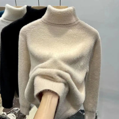 Soft women's turtleneck sweater long sleeves knitted sweater fuzzy sweater