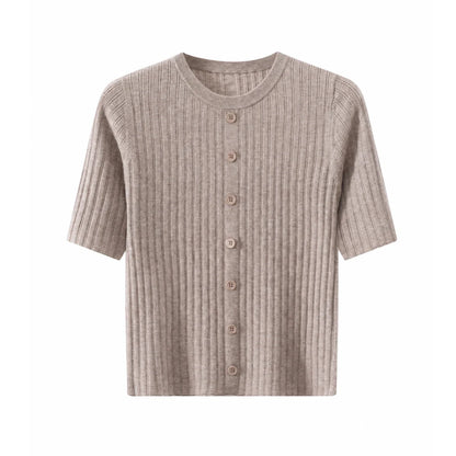 Women's Ribbed Knit Top with Short Sleeves and Button Placket