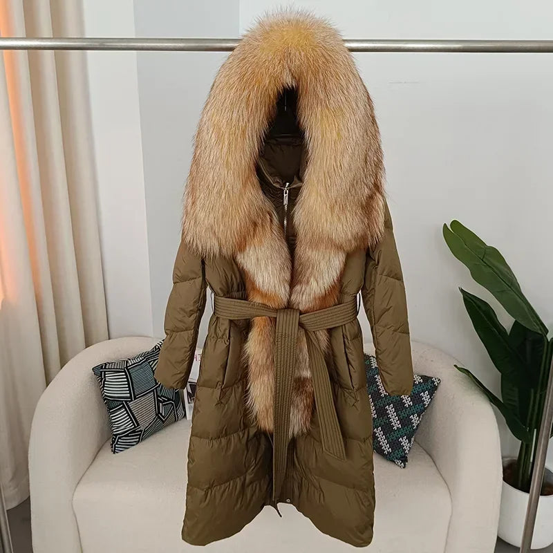 Damen Daunenmantel mit Pelzkapuze und Bindegürtel, gepolstert, lange Winterjacke