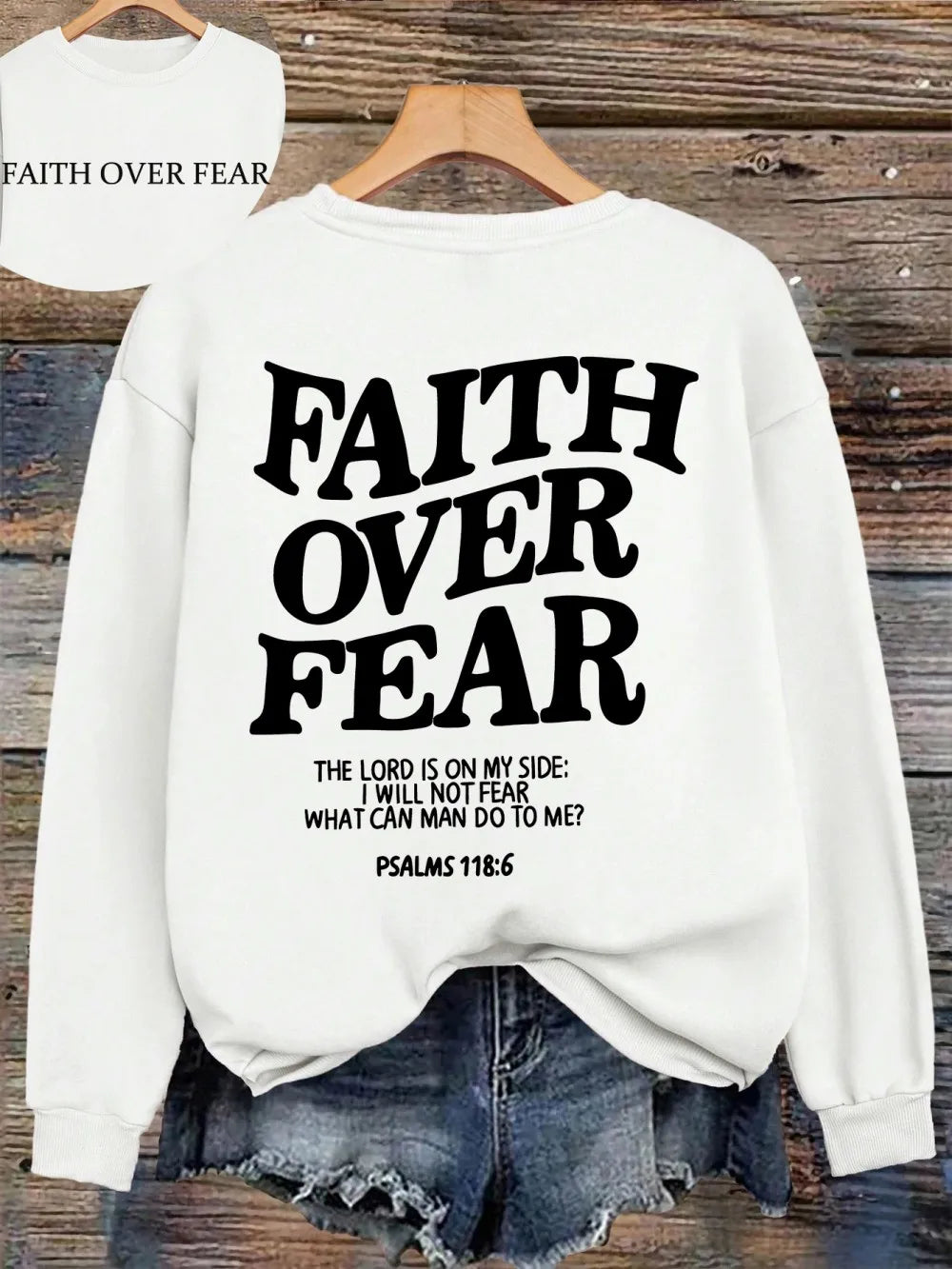 Hoodie with "Faith Over Fear" lettering and Bible quote, oversized hoodie