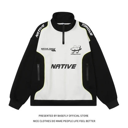 Unisex half-zip jacket with stand-up collar, black and white, with zippered pockets