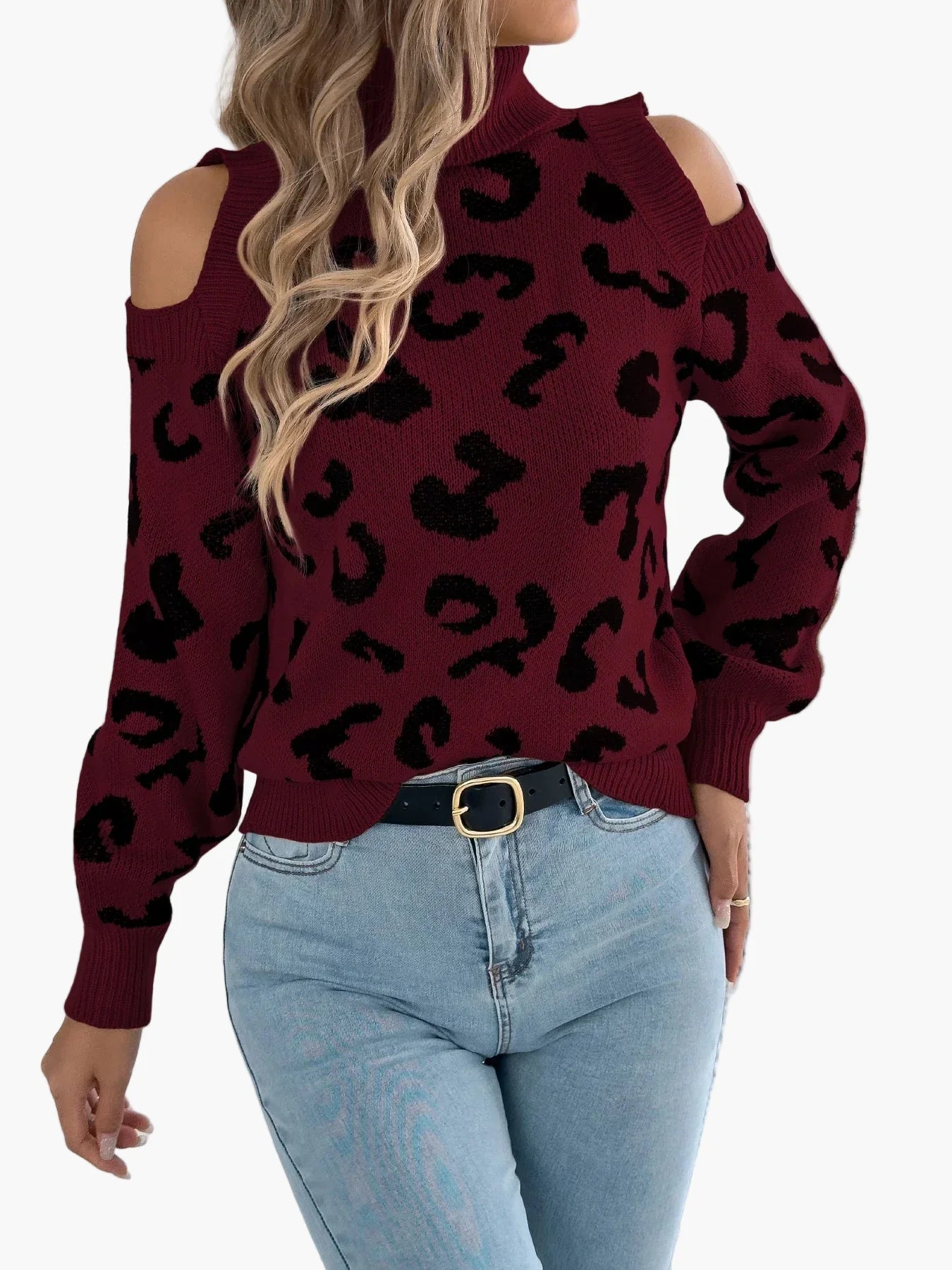 Damen Pullover mit Leopardenmuster und Cut-Out Schultern – Trendiger Freizeit-Strickpullover