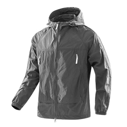 Lightweight hooded windbreaker jacket with zipper, for outdoor use