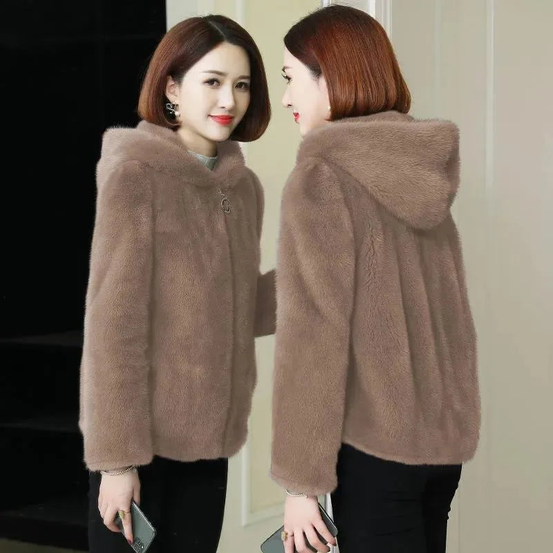 Women's Short Hooded Jacket, Plush Look, Green, Soft