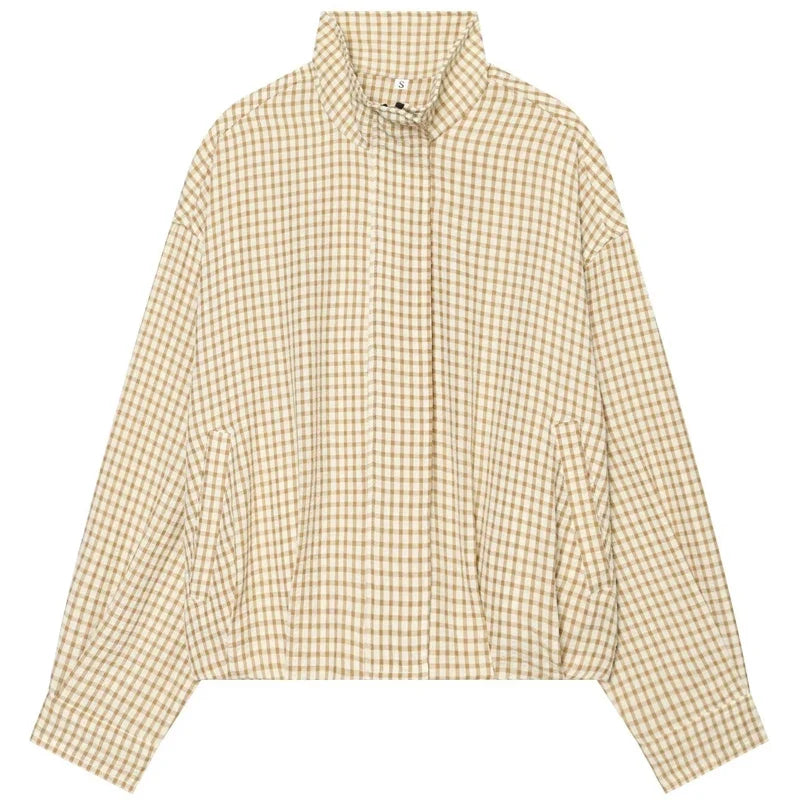 Damen Karo-Bluse Oversize Stehkragen Gesteppte Ärmel