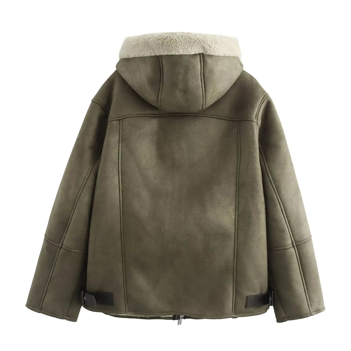 Gefütterte Jacke mit Kapuze, Grün, Veloursleder-Optik