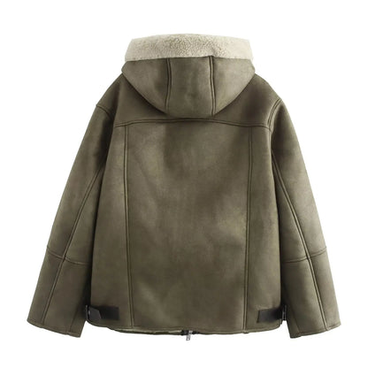 Gefütterte Jacke mit Kapuze, Grün, Veloursleder-Optik