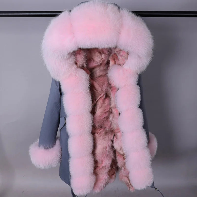Women's winter parka with pink faux fur lining & hood