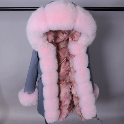 Women's winter parka with pink faux fur lining & hood