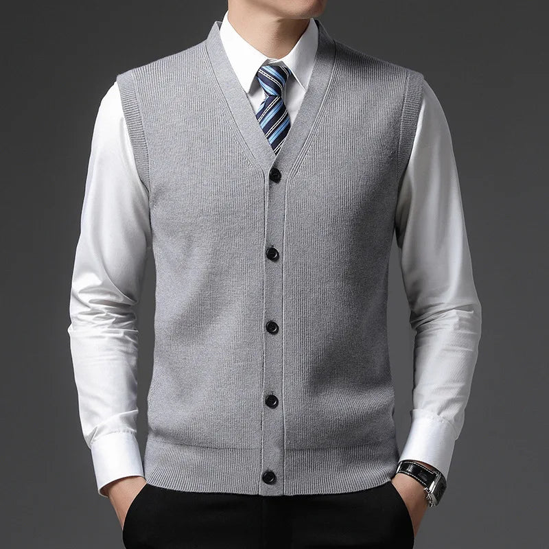 Men's knitted vest V-neck button placket rib knit