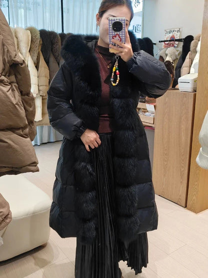 Women's Long Down Coat with Hood and Faux Fur Trim, Warm Winter Jacket