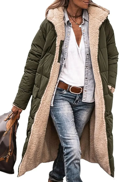 Long women's quilted coat with teddy lining & hood - Warmly lined winter coat