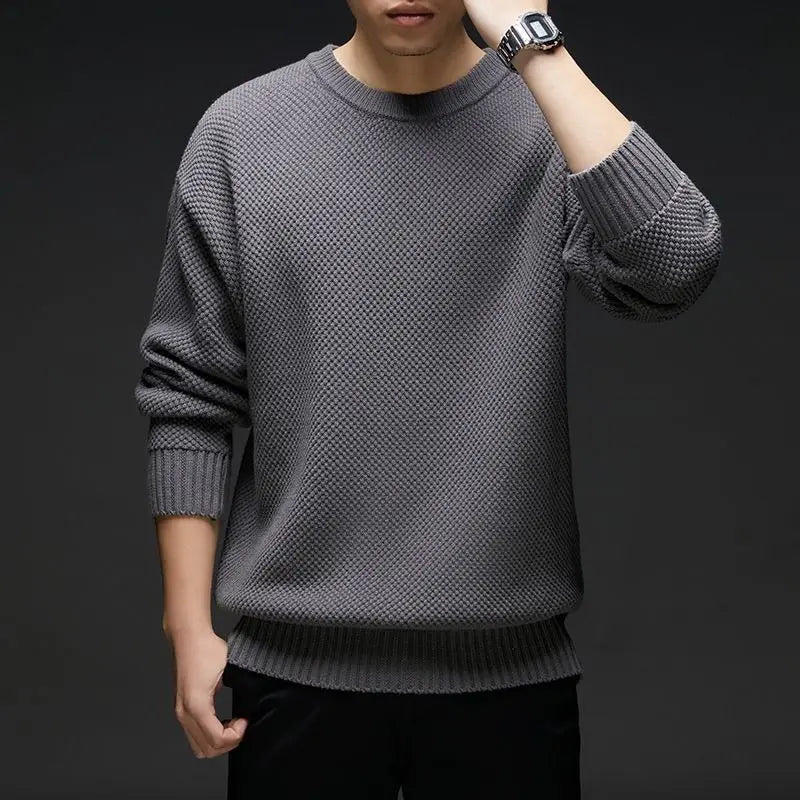 Herren Strickpullover Rundhals Grau Waffelstruktur