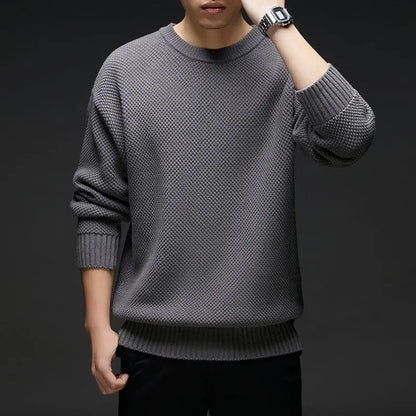 Herren Strickpullover Rundhals Grau Waffelstruktur