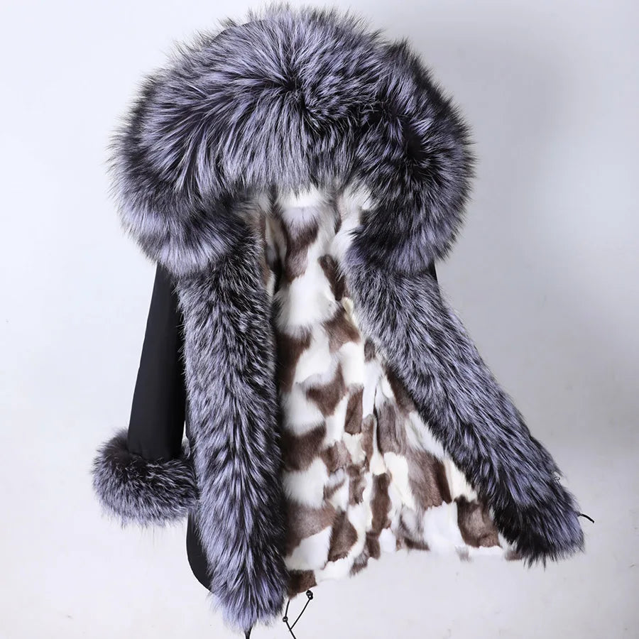 Women's winter parka with pink faux fur lining & hood