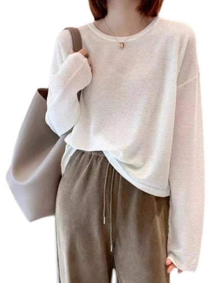Women's Long-Sleeved Textured Crew-Neck Top, Comfortable Casual Shirt