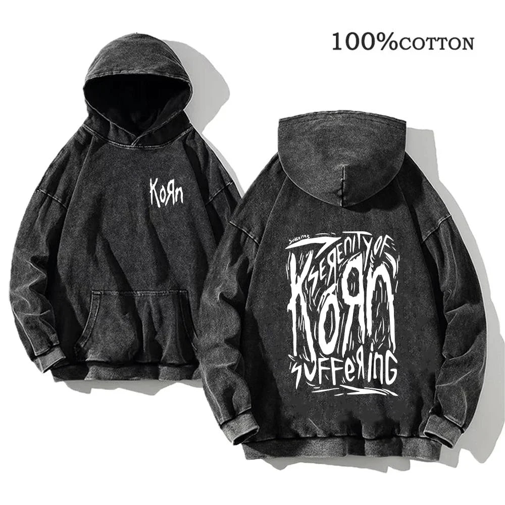 Hoodie Schwarz Grau Washed Oversize mit Band-Print Vorn & Hinten