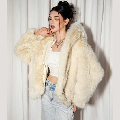 Women's cream-white faux fur jacket plush faux fur jacket winter