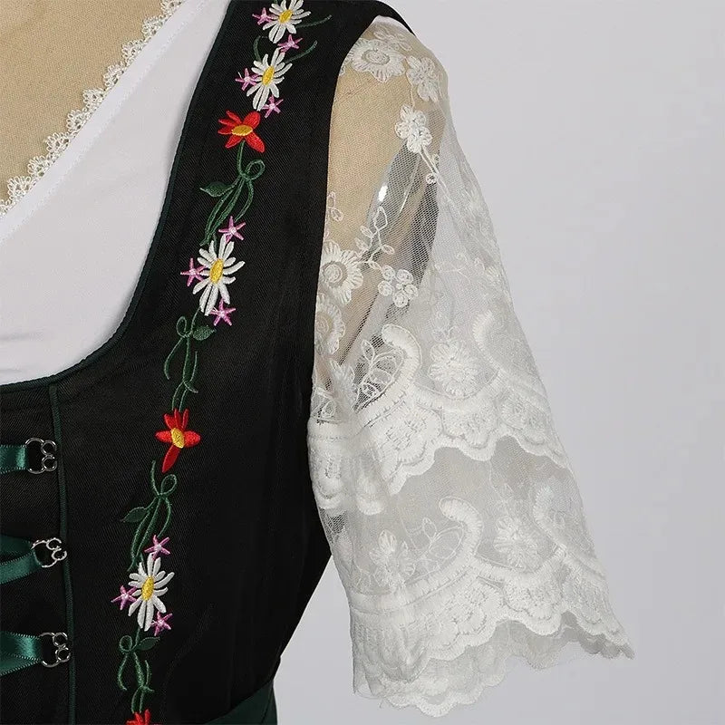 Dirndl Damen Traditionelles 3-teiliges Set Grün Schwarz Weiß mit Blumenstickerei