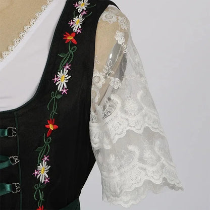 Dirndl Damen Traditionelles 3-teiliges Set Grün Schwarz Weiß mit Blumenstickerei