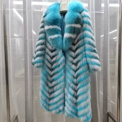 Long women's faux-fur coat with chevron pattern, warm winter coat
