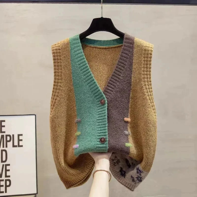 Women's knitted vest with V-neck, color mix, and sleeveless design
