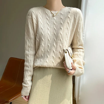 Damen Pullover Zopfmuster Rundhals Langarm Strickpullover
