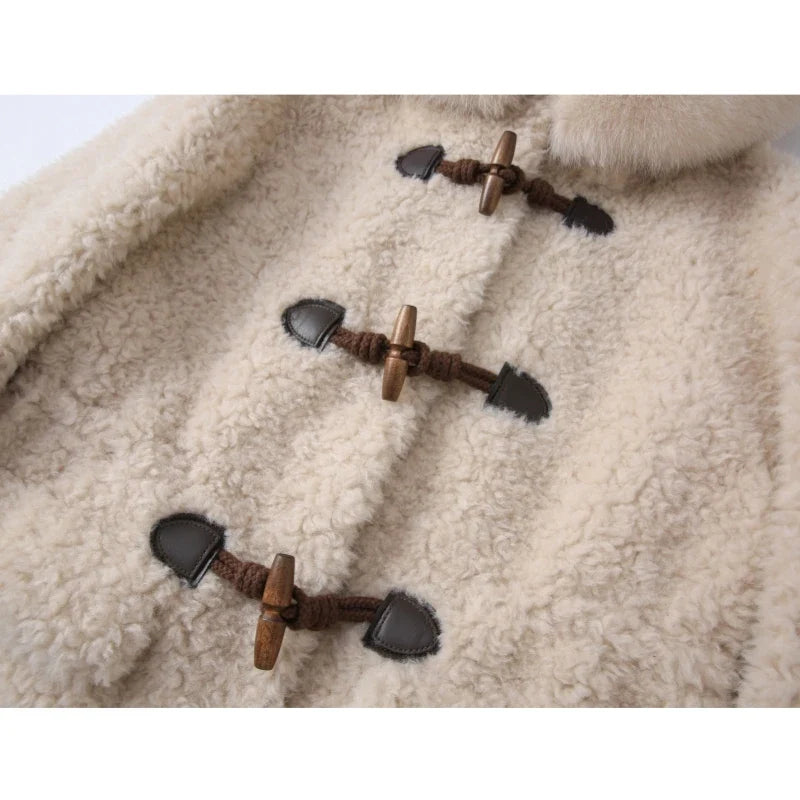 Damen Dufflecoat im Teddy-Stil mit Kapuze und Fellkragen Beige