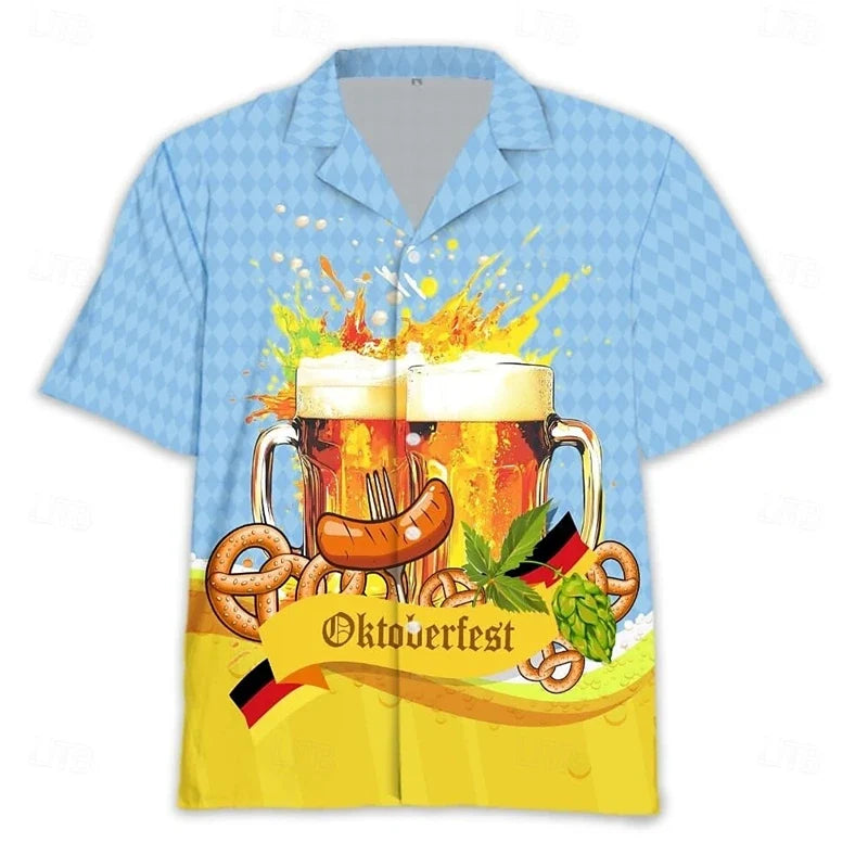 Men's Oktoberfest shirt, short sleeves, beer, pretzel, and sausage design