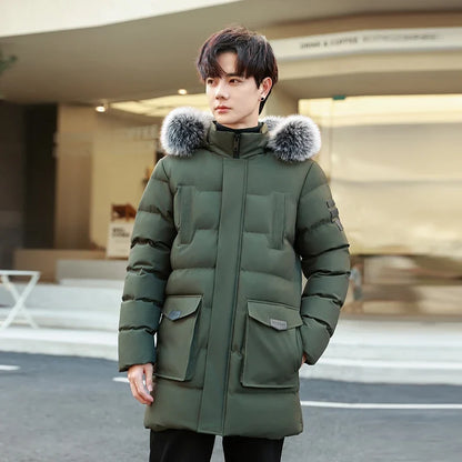 Men's winter jacket, quilted, with fur hood, parka, warm and lined