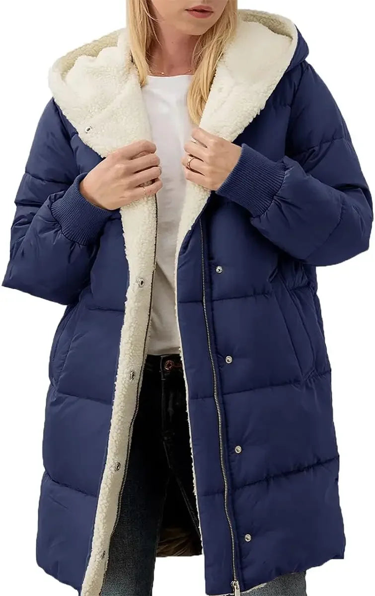 Damen Winter Steppmantel mit Kapuze & Teddyfutter Lang