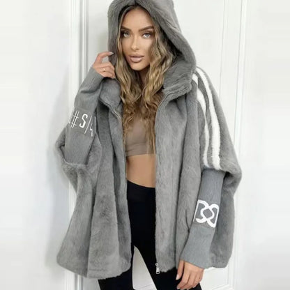 Women's plush hooded jacket with knitted sleeves and stripes